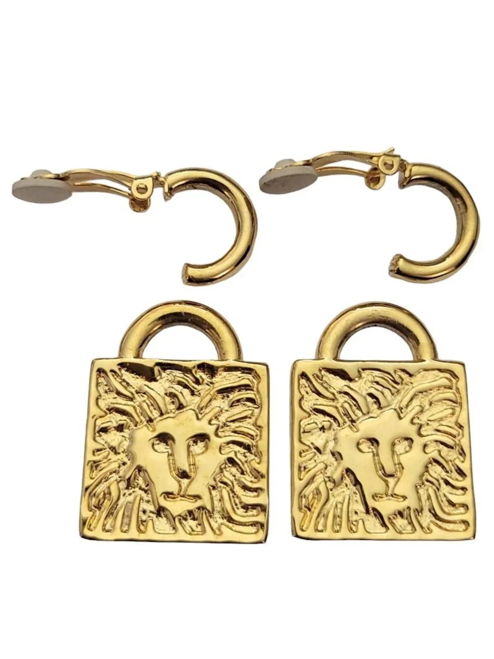 Anne Klein Gold-Tone Hoop Square Signature Lion Head Jacket Clip Earrings E965